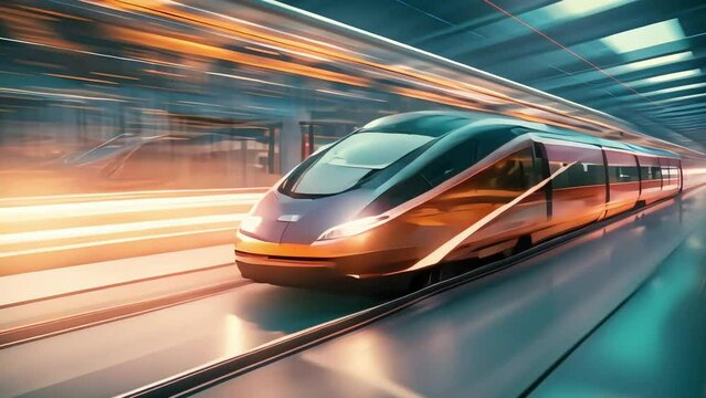 a high-speed train captured in motion, featuring a motion blur effect, reflective surfaces, a sense of speed, and a cinematic quality. Generative AI