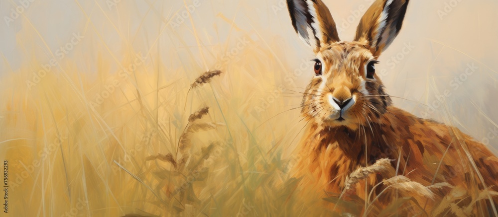 Wall mural A fawn brown hare, a terrestrial animal, is standing in a grassland field looking happy, its fur blending with the tall grass. A wildlife event captured in art