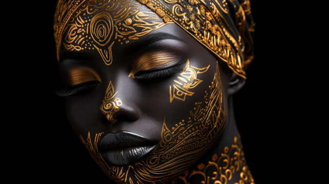 An exquisite portrait of a person adorned with golden tribal-inspired patterns on their face, radiating elegance and mystique.