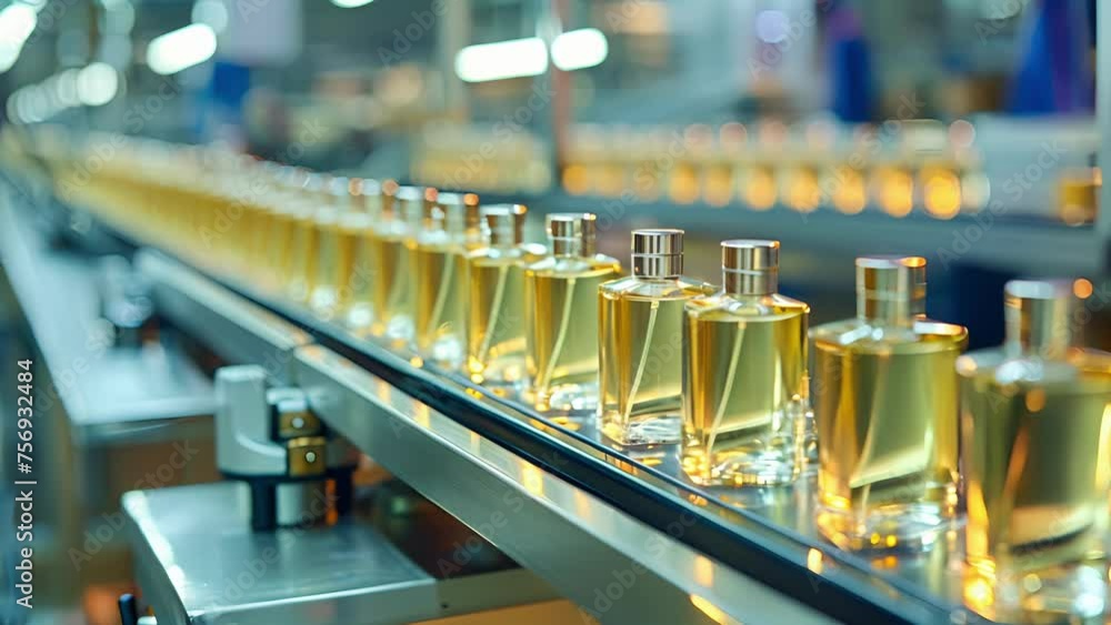 Poster high angle view of a conveyor belt carrying rows of identical perfume bottles waiting to be filled a