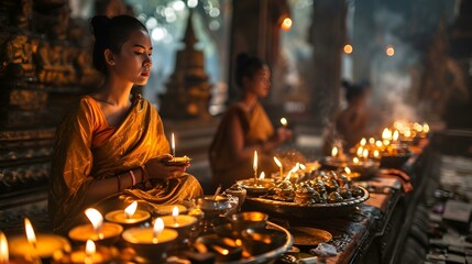 burning candles in a buddhist temple - obrazy, fototapety, plakaty