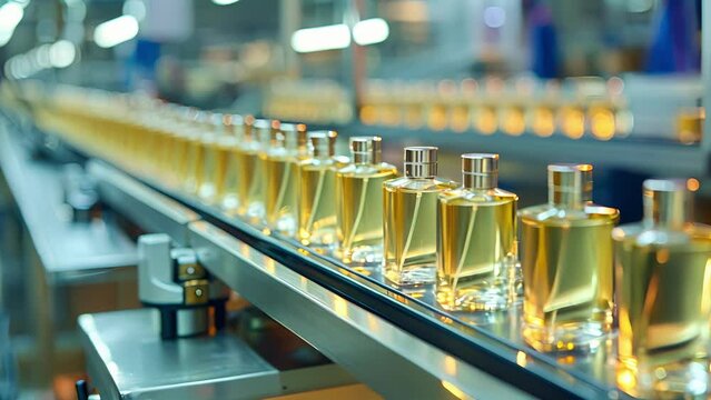 High angle view of a conveyor belt carrying rows of identical perfume bottles waiting to be filled and capped.