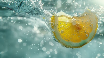 Citrus Submersion, A slice of lemon is submerged in water, surrounded by a ballet of air bubbles, capturing the lively interaction between the citrus and the liquid in a dance of light and freshness.