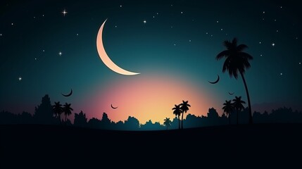 Crescent moon set against a stunning sunset backdrop, symbolizing the generosity of Ramadan.