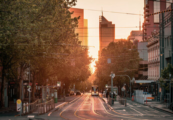 The urban skyline of Melbourne city in the sunset during 