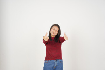 Young Asian woman in Red t-shirt Showing Thumb Up, Agree Concept isolated on white background