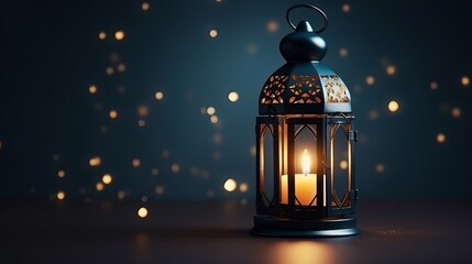 Decorative Arabic lantern adorned with a glowing candle, creating a festive ambiance for Ramadan Kareem.