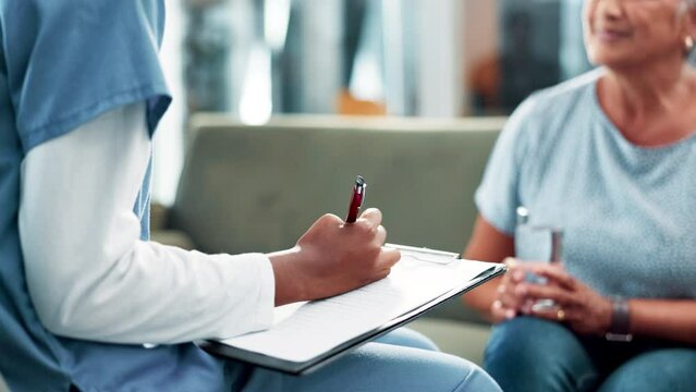 Nurse, elderly woman and paperwork for medical consultation at home for diagnosis, checklist or prescription. Female person, healthcare worker and clipboard in clinic for results, insurance or care
