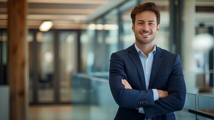 Fototapeta premium Young smiling businessman standing with arms crossed in a modern office looking at the camera, portrait of a handsome male business executive posing for a photo in an open space. generative AI