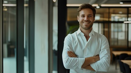 Young smiling businessman standing with arms crossed in a modern office looking at the camera, portrait of a handsome male business executive posing for a photo in an open space. generative AI