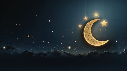 Obraz na płótnie Canvas Eid Mubarak background featuring moons, stars, and radiant light, celebrating the holy month of Ramadan Kareem.