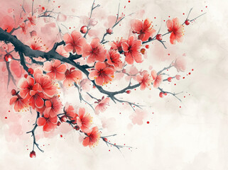 Beautiful watercolor painting of vibrant red cherry blossom on a clean white background with copy space