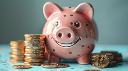 Smiling pink pig piggy bank next to a stack of gold coins, isolated on blue background. Investment success, savings concept - Generative AI