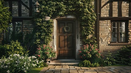 A stunning entry to a residential property, an intriguing facade, a typical ancient English structure, architecture - obrazy, fototapety, plakaty
