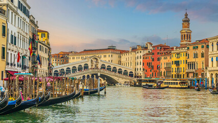 Panoramic view of famous Canal Grande with famous Rialto Bridge at sunset, Venice - 756933447