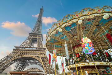 Paris Eiffel Tower and carousel in Paris - 756933455