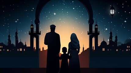 Heartfelt greeting: A family gathers at a window overlooking an Islamic city skyline, adorned with a crescent moon and stars, celebrating the end of fasting during Ramadan Kareem.