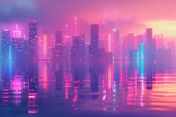 Foto op Plexiglas a neon skyline, reflecting on the water © mila103