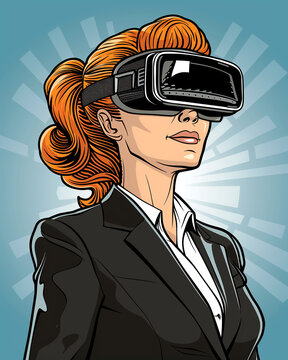 Bright poster in pop art style depicting a girl with virtual reality glasses