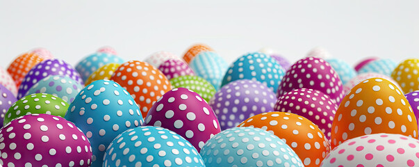 Fototapeta na wymiar Happy Easter banner or card many colored Easter eggs painted with a polka dot pattern.isolated on a white background