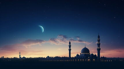Fototapeta na wymiar Majestic silhouette: mosques' domes against a dark blue twilight sky with a crescent moon, symbolizing Ramadan and offering space for Arabic text.