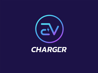 Electric Vehicle Charger Connected letter EV with thunderbolt symbol logo vector design concept. Letter EV logotype symbol for Electric Car, EV station, Electric Vehicle industry, ui, website, company