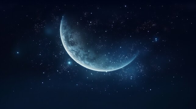 Mesmerizing night: a crescent moon in a dark blue sky filled with stars, showcasing the beauty of the universe.