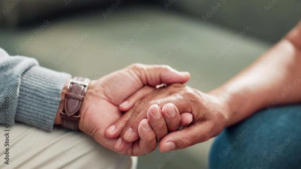 Poster Care, holding hands and senior couple in living room together with love, comfort and connection in home. Marriage, old man and woman at coffee table with support, kindness and respect in retirement