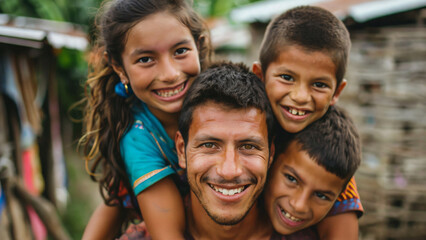Fototapeta premium A man happily giving piggyback rides to young children, all of them smiling.