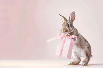 A cute Easter bunny pulling a huge gift bag or empty banner, isolated on a background with copy space.