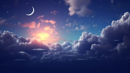 Midnight marvel: A crescent moon peeking through clouds in the midnight sky, adding to the enchantment of the night.