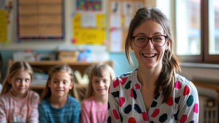 Obraz premium Inspiring Female Teacher with Young Students in School Setting