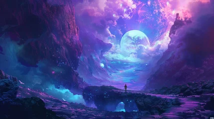 Fotobehang Blue and purple fantasy landscape of mystery and wonder. © Postproduction