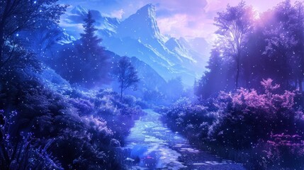 Fototapeta na wymiar Wander through a landscape of blue and purple hues in a fantastical realm.