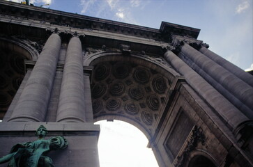 Low angle view of Brussels Triumphal Arch in Cinquantenaire Park in the city of Brussels during 1990s