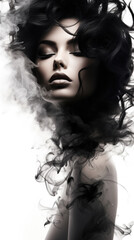 Artistic portrait of a woman with her eyes closed, shrouded in whisps of smoke, evoking a sense of mystery and allure.