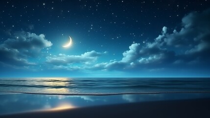 Ramadan Kareem backdrop showcasing a crescent, stars, and luminous clouds over a tranquil sea.