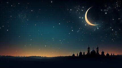Naklejka premium Ramadan Kareem background banner featuring a mosque topped with a crescent moon, evoking the sacred atmosphere of the occasion.