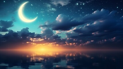 Naklejka na ściany i meble Ramadan Kareem backdrop showcasing a crescent, stars, and luminous clouds over a tranquil sea.