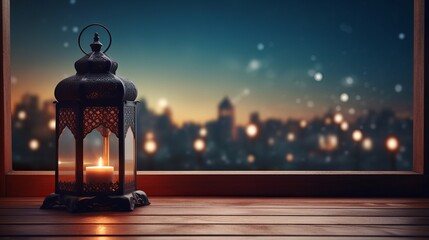 Ramadan Kareem ambiance: mosque window adorned with lantern light and a wooden table, creating a serene backdrop.
