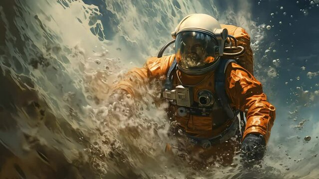 An astronaut in a spacesuit engulfed in water - a catastrophic rescue scenario in space. Generative AI