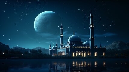 Serene mosque bathed in tranquil blue moonlight, symbolizing Ramadan's arrival. Crescent photo captured for Eid ul Fitr celebration. - obrazy, fototapety, plakaty