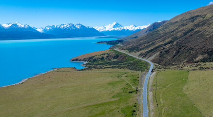 The aerial view with  coast of  road highway with  mountain landscape view background