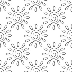 Sunny weather. Summer seamless pattern. Warm bright background. Sun rays and clouds. Hand drawn vector illustration. wallpaper print ornament fabric paper fashion line doodle coloring