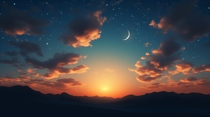 Fototapeta premium Tranquil setting: New moon marking prayer time during the generous Ramadan, with a serene backdrop of a cloudy sunset or sunrise.