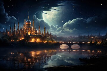 Modern Background Ramadan Mubarak With Mosque An evening mosque with a crescent moon