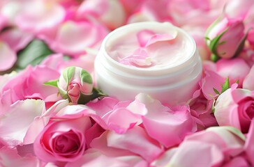 Obraz na płótnie Canvas Open Jar of Luxurious Rose-Scented Cream Surrounded by Fresh Pink Petals