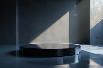 A minimalist podium adorned with a dark, glossy sheen