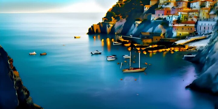 boats and yachts with sea blue the and Italy northern in located Terre Cinque of village Manarola the of landscape beautiful A
