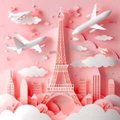 Landmark, Eiffel Tower, Paper-cut,pink,white - obrazy, fototapety, plakaty